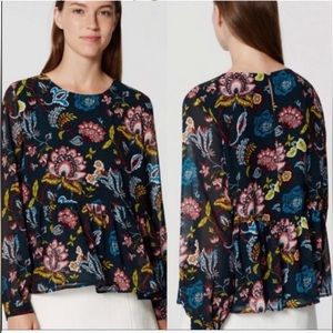 LOFT Teal Blue Pink Floral Flowy Blouse Long Sleeve XS